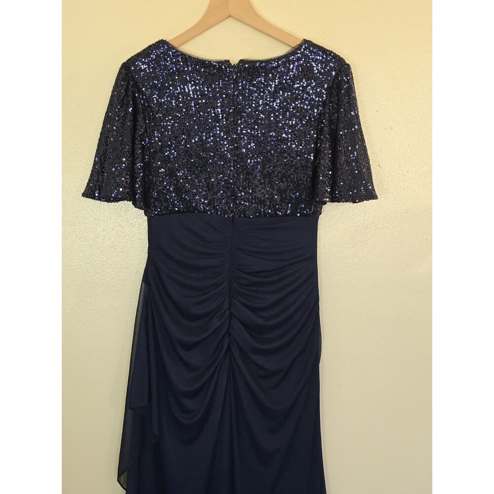 Xscape Navy Blue Sequin Ruffle Chiffon Maxi Dress V-Neck Flutter Sleeve Size 8 - Picture 7 of 11